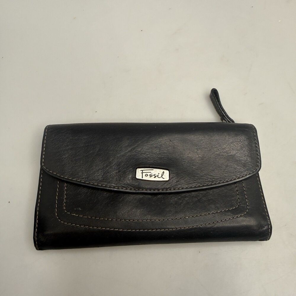 Fossil Black Leather Long Checkbook Card Holder Organizer Wallet Billfold - Picture 13 of 16
